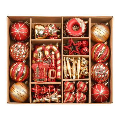 SHareconn 70pcs 2025 Classic Christmas Balls Ornaments Set, Shatterproof Plastic Baubles, Ribbon and Tree Topper for Xmas Tree Holiday Wedding Party Decorations with Hanging Strings, Red and Gold