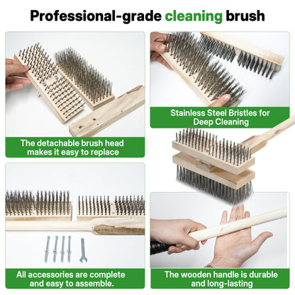 FULEIYA 2PCS 51" Stainless Steel Grill Brush for Outdoor Grill Cleaning Brush with Long Handle, BBQ Grill Brush Detachable Double Ended Wire Bristle Brush Grill with Fixing Bolts & Wrench