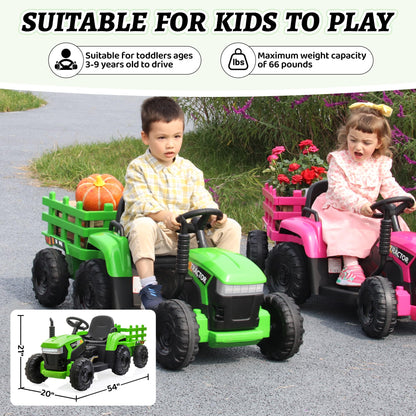 TOBBI Kids Electric Ride On Toy Tractor, Toddlers 12V Battery-Powered Car to Drive, 35W Dual Motor 6-Wheels Trailer Vehicle with 3-Speeds/LED & Horn Functions for Chirdren Aged 3-6-Dark Green