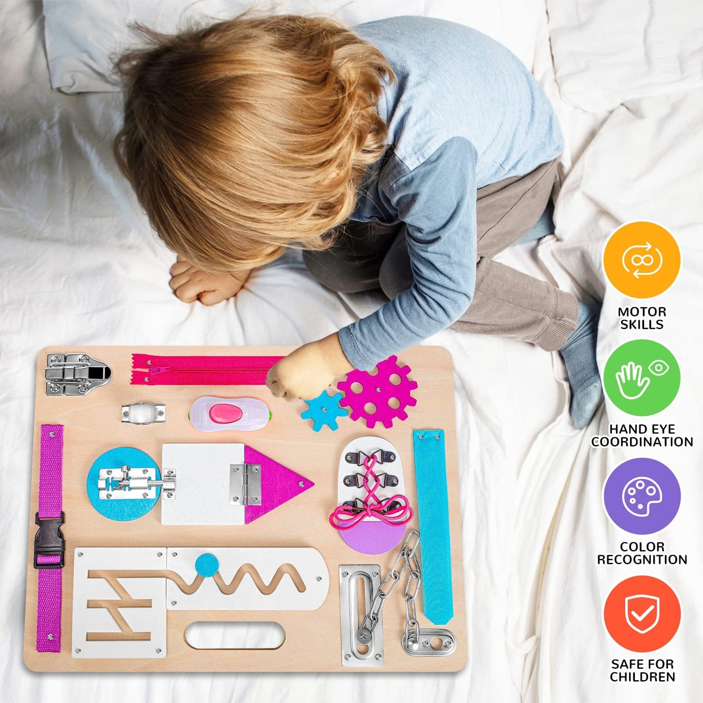 Montessori Busy Board for Toddlers, Wooden Sensory Toys, Kids 1-3 Travel Toy, Preschool Learning Activities for Fine Motor Skills, Basic Life Skills Educational Gifts for 1 2 3 Years Old Girls (Pink)