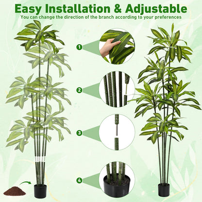 Giegxin 2 Pack 6 FT Artificial Dracaena Tree, Indoor Fake Tree with Black Stable Planter, Natural Wood Trunk & Lifelike Leaves Dracaena Plants for Home Living Room Porch Office Housewarming Gift