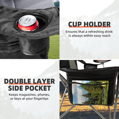 Foristrail 2 Pack Folding Camping Chairs for Adults - High Back Padded Outdoor Lawn Chairs with Lumbar Support & Cup Holder, 400lbs Heavy Duty Portable Camping Chairs Set (Black & Light Gray)