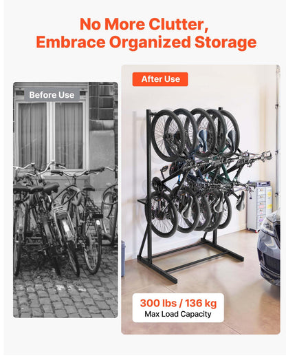 VEVOR Bike Rack, 300LBS/136KG Capacity for up to 5 Bikes, Freestanding Bike Storage Rack, Carbon Steel Vertical Bicycle Stand for Home, Yard, Garage, Living Room, Indoor/Outdoor Bicycle Storage Stand