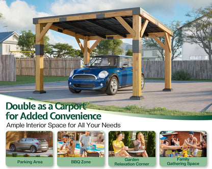 Jocisland 10' x 12' Cedar Wood Gazebo with Sloped Galvanized Steel Roof, Hardtop Gazebo Pavilion with Durable, Rot-Resistant Construction, Permanent Outdoor Pergola for Backyard, Garden & Deck