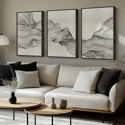 Large Framed Neutral Modern Abstract Wall Art, 3 Piece Black and Beige Canvas Prints Paintings Artwork for Walls, Minimalist Line Pictures for Living Room Hallway Office Wall Decor -Total 30x60 Inch