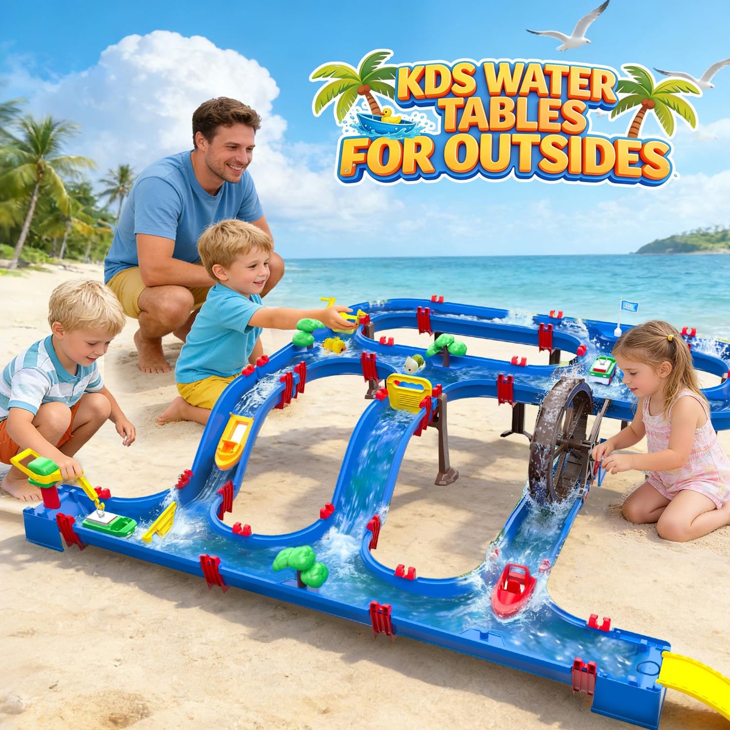 VATOS Double-Tier Watermill Summer Toy, 120 PCS DIY Water Table Toys for Kids, Girls, Boys 4-6 Years, Outdoor Water Toys Backyard, Beach, Balcony, Garden Fun Water Playset for Kids Pets