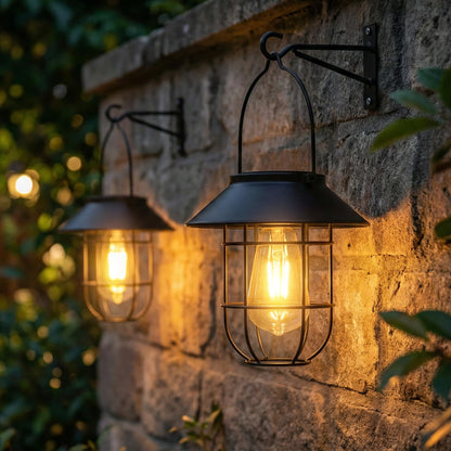 Livinlarge Solar Lanterns Outdoor Waterproof,Hanging Solar Lights for Outside with Wall Hooks Windproof Hook,Retro Metal Outdoor Lanterns Auto On/Off for Porch,Patio,Garden,Yard Decor 2 Pack（Black）