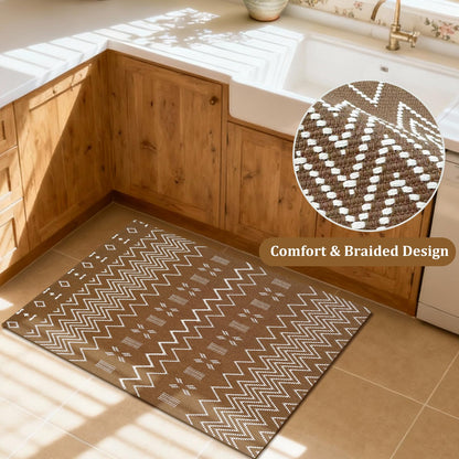 winolive Indoor Door Mat 2x3 Washable Rug,Braided Area Rug,Front Door Mat with Non Slip Rubber Backed,Cotton Doormat for Front Entryway Bathroom Kitchen Bedroom,Brown/White