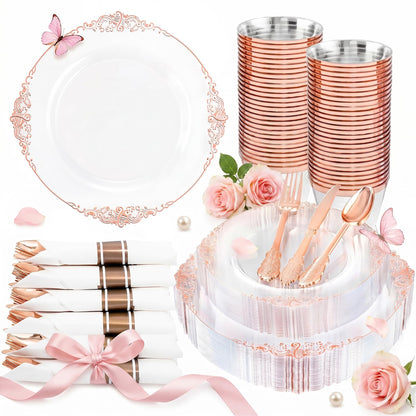 Nervure 175PCS Rose Gold Plastic Plates - Disposable Rose Gold Party Plates & Pre Rolled Napkins with Cutlery for 25 Guests, 50Plates, 75Silverware, 25Cups, 25Napkin for Wedding & Party & Mothers Day
