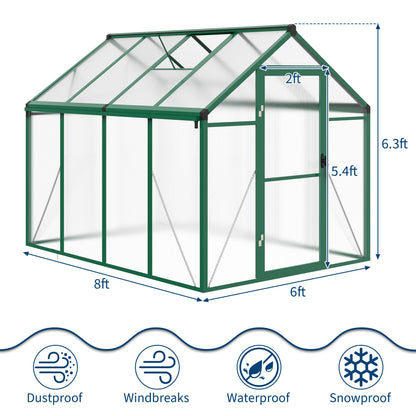 Garvee 6 x 8 ft Greenhouse, Greenhouses for Outside, Polycarbonate Greenhouse with Aluminum Frame, Lockable Door and Ajustable Roof Vent for Backyard, Green Houses for Outside Garden Backyard, Patio