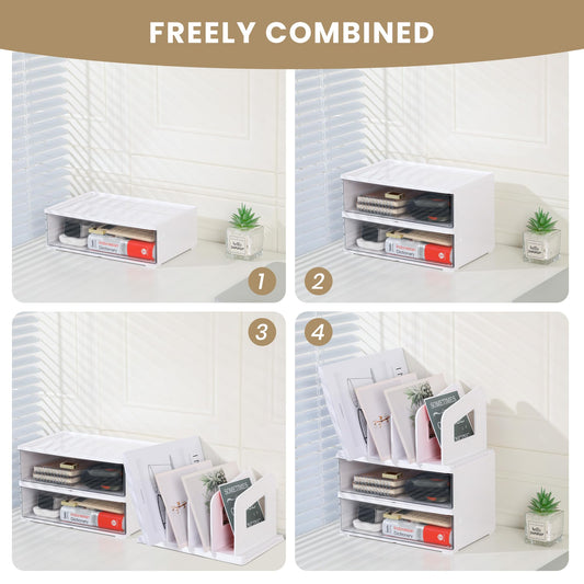 LALOBLUE White Acrylic Desk Organizer with Drawer & File Holder, Stackable Modular Storage System, Multi-Layer Desktop Organizer, Space Saving Desk Organizer for Home Office & Study