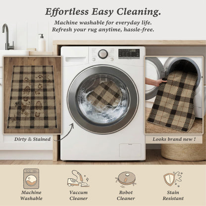 Washable Plaid Indoor Outdoor Rug 3x5 for Front Porch, Entryway, Patio, No Shed Easy Jute Non Slip TPR Backing Area Rug for Large Kitchen, Farmhouse Black & Tan Checkered Seegrass Aesthetic