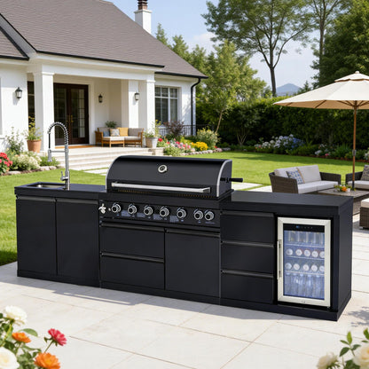 114 Inch Outdoor Kitchen Island, 6 Burner Propane Gas BBQ Grill Station, 83500 BTU 304 Stainless Steel Grill Combo with Sink & Refrigerator, CSA ETL Certified, Black