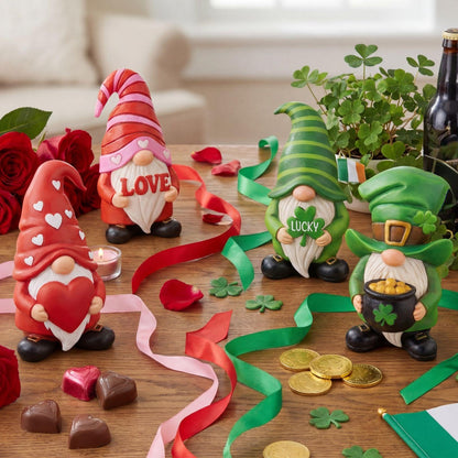 Simgoing 4 Pcs Holiday Gnomes Figurines 2 Valentines 2 St Patrick's Day Gnomes, Resin Love Heart Figurines Lucky Tabletop Decor Holiday Statues Centerpieces for Spring Home Table Tiered Tray