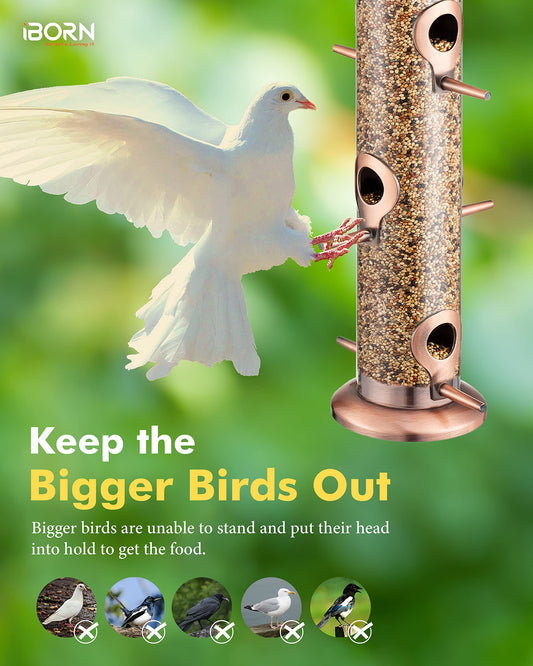 iBorn Metal Bird Feeders Brushed Copper Wild Bird Feeder for Outdoors Hanging All Metal Brushed Copper Finishing 15 Inch 6 Port(Seed is not Included)