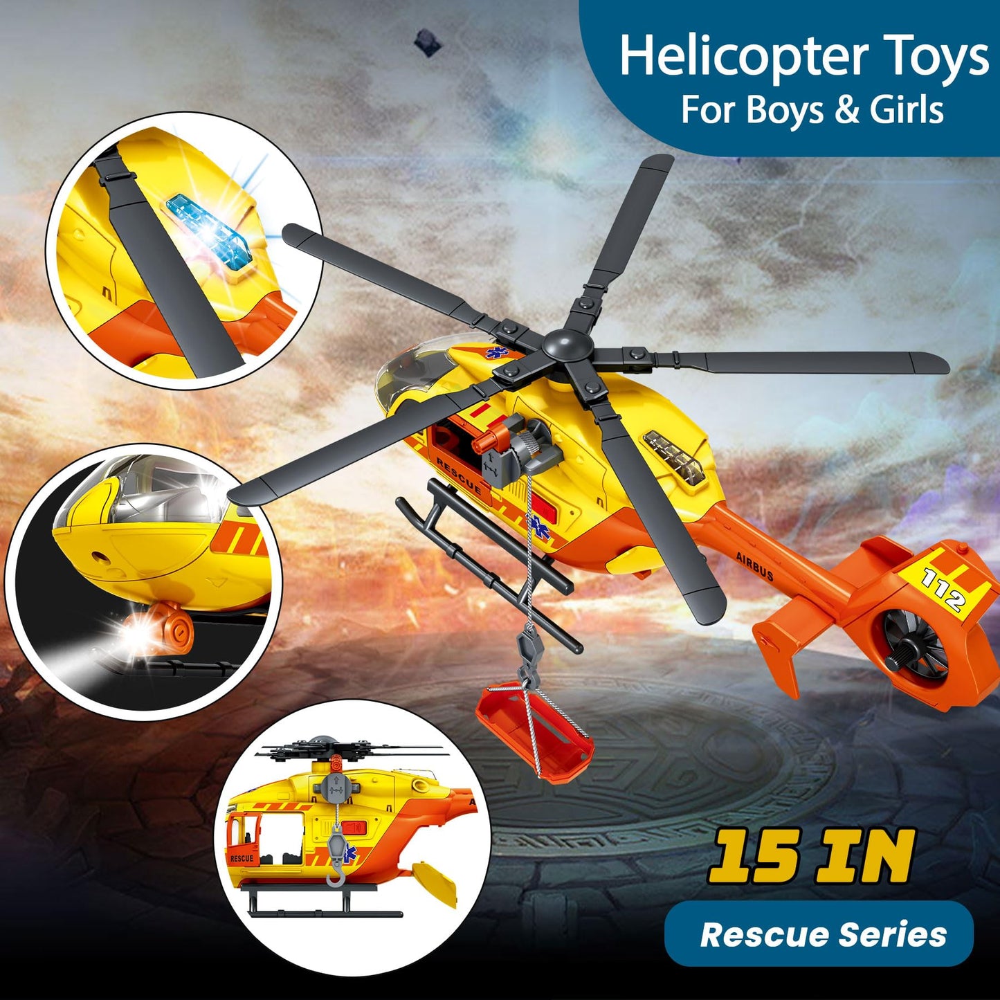 Rescue Helicopter Toys for Boys with Hanging Basket Airplane Toy with Lights and Sound Rescue Vehicles Toys for Kids Aged 3 4 5 6 7