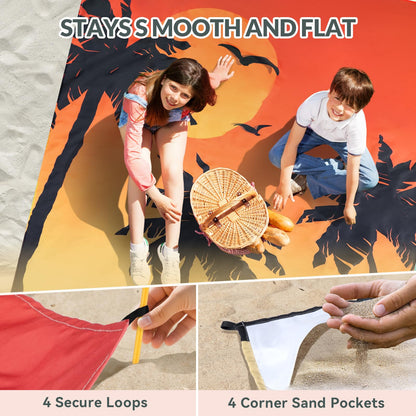 Beach Blanket, Waterproof Sandproof Beach Mat with Stakes and Inflatable Camping Pillow, 79" X 83" Quick Drying Lightweight & Durable Outdoor Picnic Mat with 4 Corner Pockets for Beach Camping