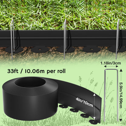 Bluepro Landscape Edging, 4 Inch 33 ft Garden Edging Border Kit with 50 Steel Stakes (Strong) & Reinforced Design - Tall Plastic Lawn Barrier for Flower Beds, Walkways & Yard