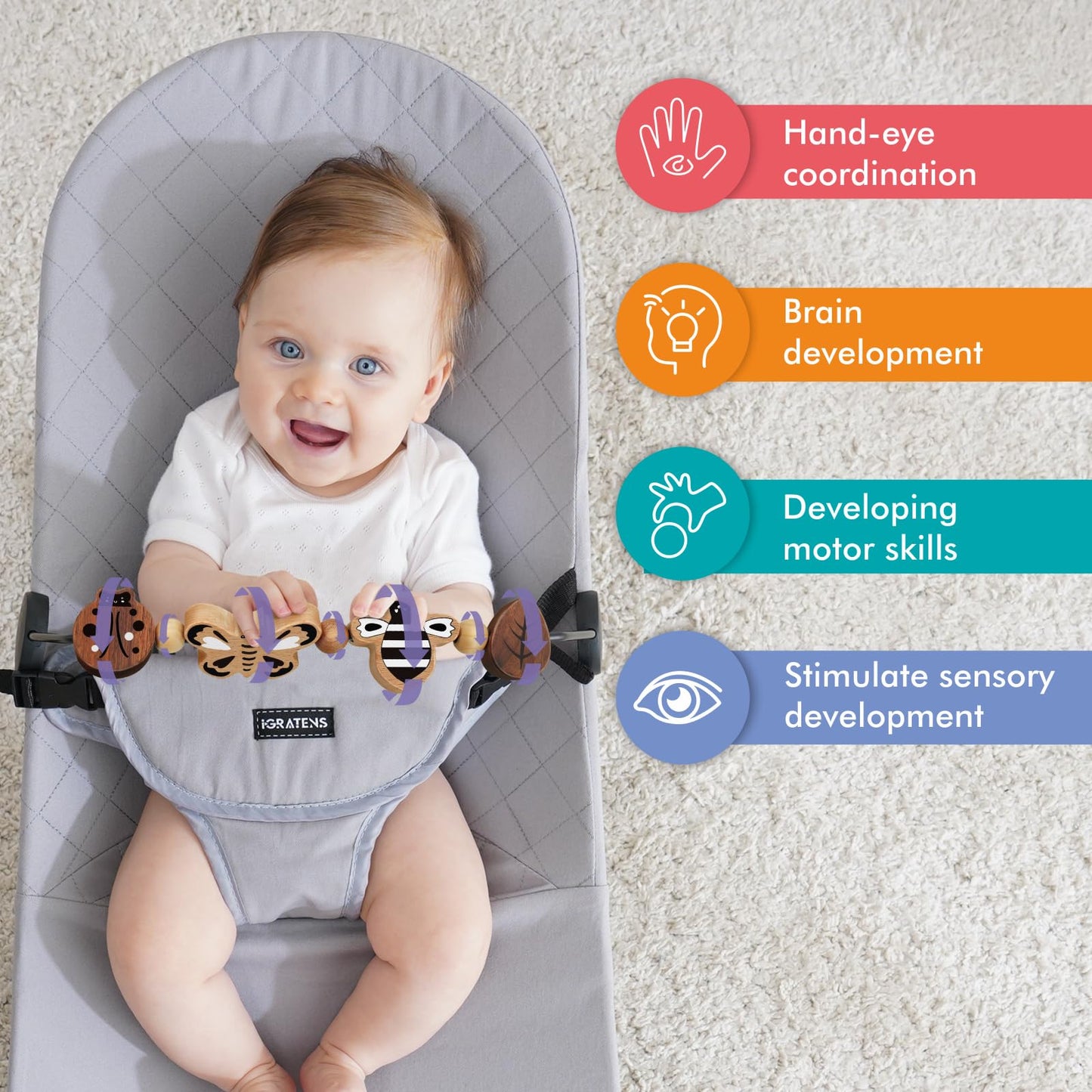 iGRATENS Baby Bjorn Bouncer Toy Bar - Toy Bar for Baby Bouncer Soft & Bliss, Easy to Attach and Remove, 360°Rotating Natural Wooden Toys, Exciting Design for Curious Babies, Insects Paradise