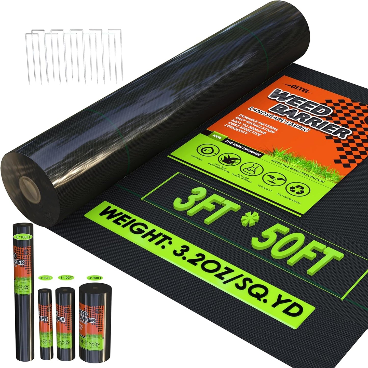 CFTEL 3x50FT Weed Barrier Landscape Fabric Heavy Duty, 3.2oz Durable Geotextile Fabric, Block Gardening Ground Cover Weed Mat, Weed Control Garden Cloth for Landscaping, French Drains, Yard Driveway