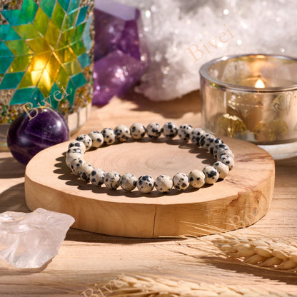 Bivei Dalmatian Jasper- Grounding & Joy - 6mm Beaded Bracelets for Women Handmade Semi Precious Natural Stone Stretch Elastic Jewelry for Women Yoga Protection Gifts