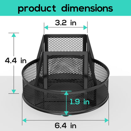 YINGHUA Metal Mesh Desk Organizer with 5 Compartments and Rotating Pencil Holder Pen and Stationery Organizer for Office Home School Anti Slip Base Black