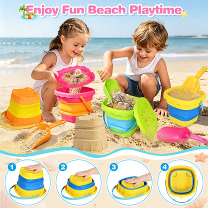 SpringFlower Beach Toys for Kids,Sand Toys for Toddlers with Collapsible Beach Buckets & Shovels Set,Travel Sandbox Toys for Toddlers Gifts Boys Girls Summer Outdoor Toys