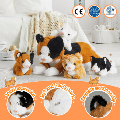 Houwsbaby 5-Piece Cat Plush Toy Set - Mommy Cat with 4 Kittens, Kitty Surprise, Parent-Child Stuffed Animals for Kids, 17''