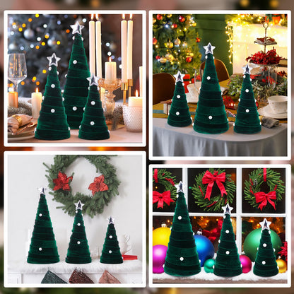 Leitee 3 Pcs Christmas Green Velvet Trees, Cone Table Decorations Modern Christmas Tabletop Centerpieces Trees Winter Decor Tree Tiered Tray with Pearls and Stars for Entryway Mantle Home Farmhouse