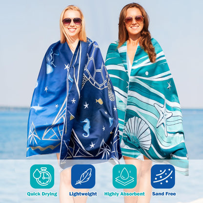 ARefugen 2 Pack Magnetic Beach Towel - 74.8"x30" Turtle Wave Sand Free Quick Dry Microfiber Towel with Built-in Magnets Lightweight for Beach Chair Car Door Pool Travel Camping Yoga with Storage Bag