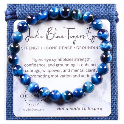 Cherry Tree Collection – Handmade Crystal Beaded Stretch Bracelets with Jade Blue Tiger's Eye for Women & Men - 8mm Round Gemstone for Protection, Balance & Luck - Medium