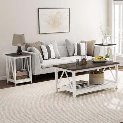 UYIHOME Farmhouse Square End Table, Accent Side Table with Slats Design, Sofa Side Table with Sturdy Frame for Living Room, Dark Grey