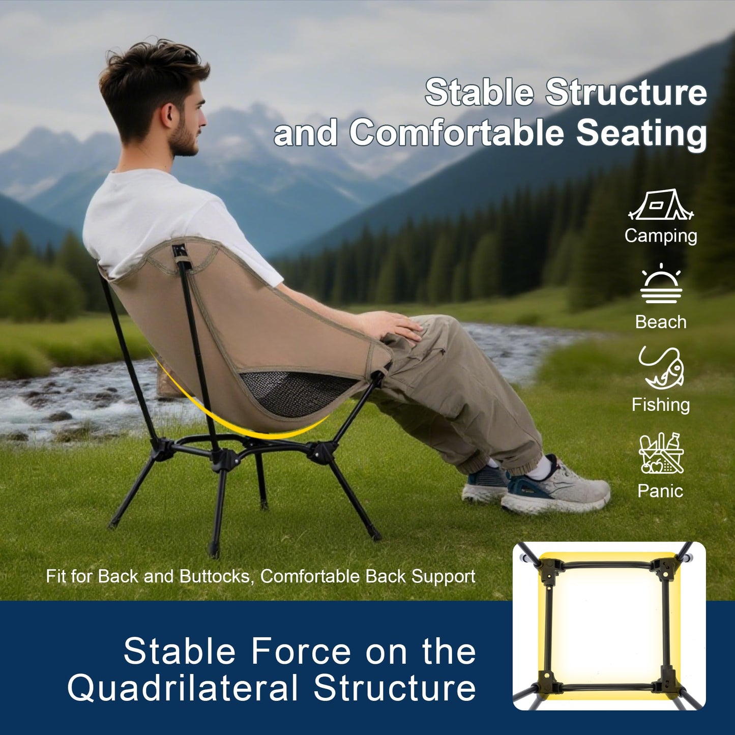 TlaroRiz Camping Chair Portable Lightweight Camping Chairs for Adults Foldable 600D Oxford Ultralight Backpacking Chair with Breathable Mesh and Pocket for Outdoor Travel Hiking,Beige