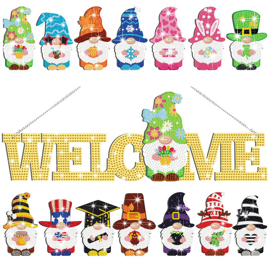 Yousoontic 15 Pcs Magnetic Diamond Art for Adults Interchangeable Gnome Seasonal Welcome Sign Gnome Door Hanger with Detachable Hat Hand DIY Rhinestone Painting Gift for Home Decoration