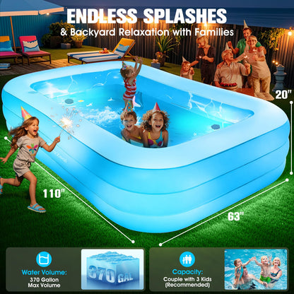 Inflatable Pool with Pool Lights and Seat, Durable Thickened Large Size Family Inflatable Pools for Adults Blow Up Pools,110" x 63" x 20"Swimming Inflatable Kids PooI for Backyard,Outdoor (White)