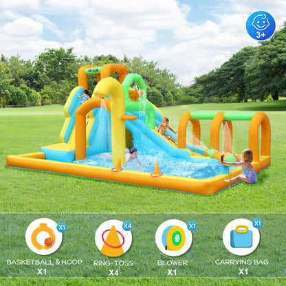JOYMOR 10-in-1 Inflatable Water Slide Bounce House w/Water Bucket, Tunnel, Water Cannon, Basketball Hoop, 1min Blow Up Water Slide (Include Air Blower), Backyard Water Slide Park for Ages 3-10Y