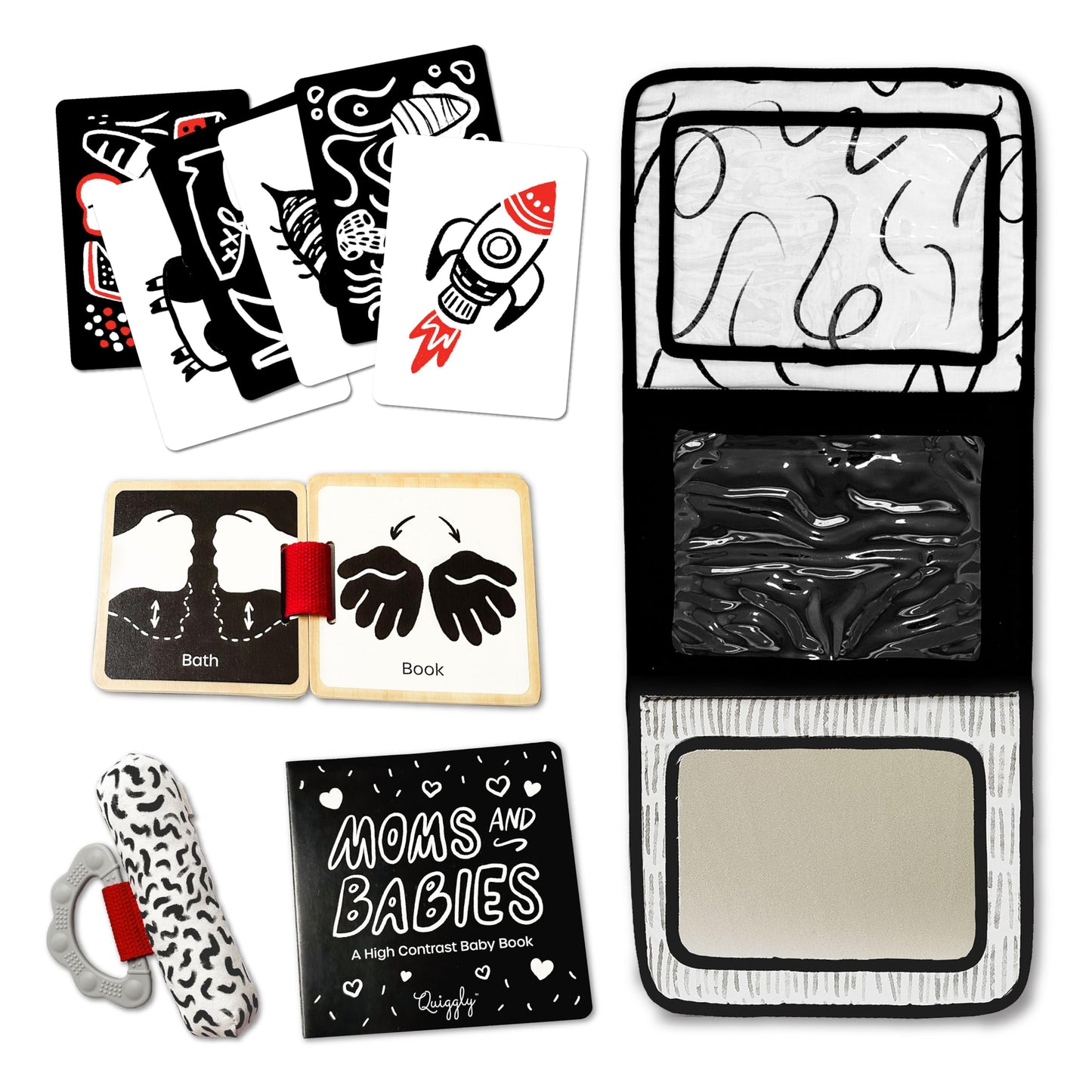 Quiggly High Contrast Baby Toy Set - Black and White Newborn Sensory Toys - Tummy Time Mirror, 25 Visual Stimulation Cards & Board Book - Infant Play Kit for Newborns 0-3 Months (Standard)