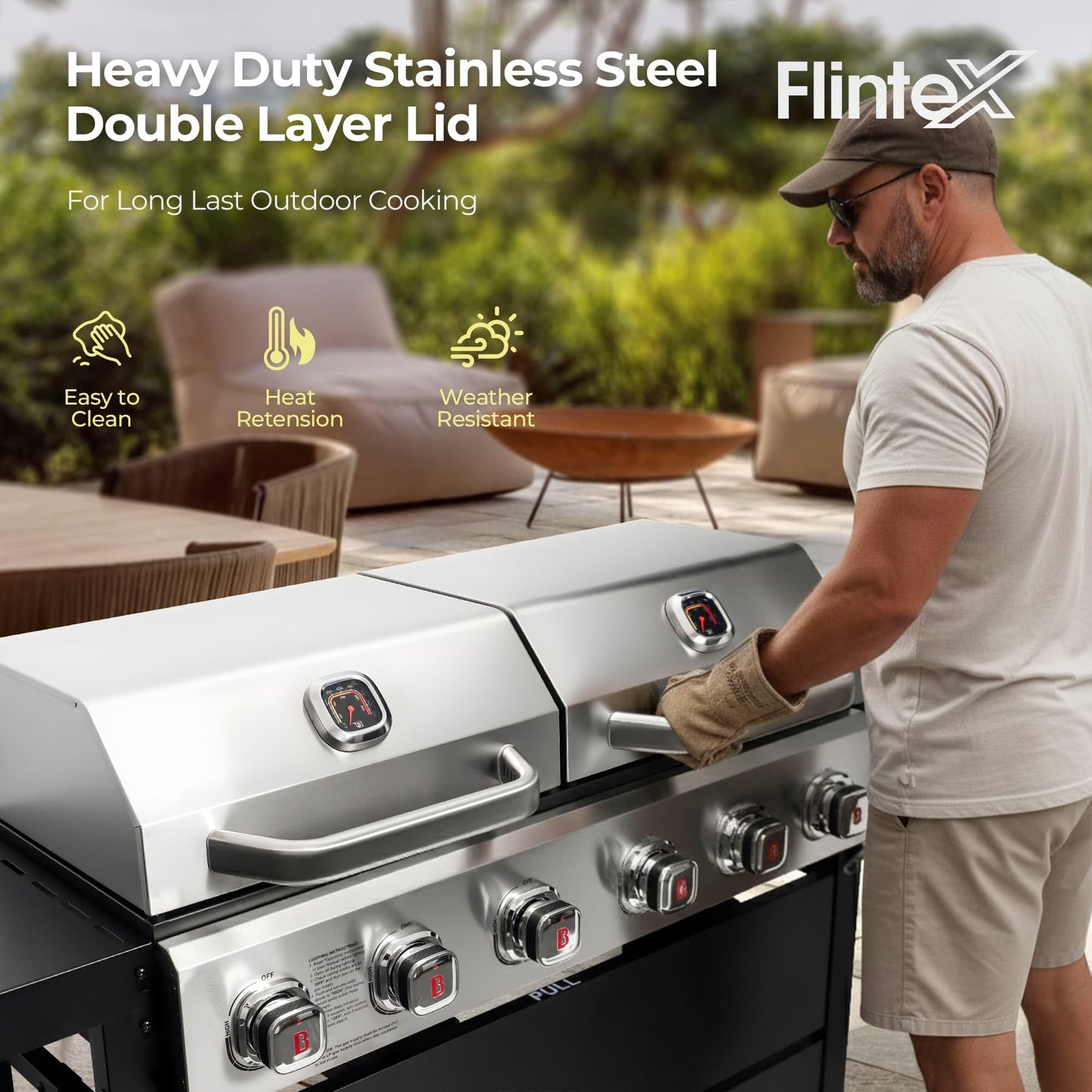Flintex 6 Burner Propane Gas Grill Griddle Combo with Porcelain-Enameled Cast Iron Grates & Cast Iron Pan, Dual Outdoor BBQ Grill With Flat Top Griddle for Backyard Barbecue, 610 sq.in.