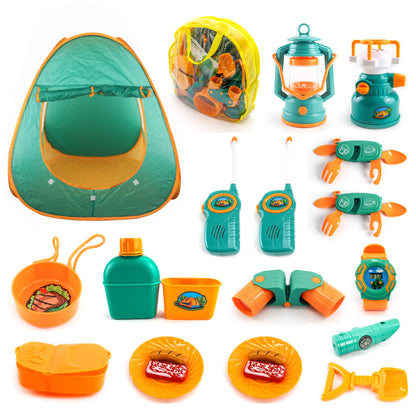 PicassoTiles PTC20 20 Piece Camping Gear Tools Adventure Set Including Walkie Talkie, Camping Tent, Binoculars, Watch, Compass & Whistle, Stove, and Other Camp Tools