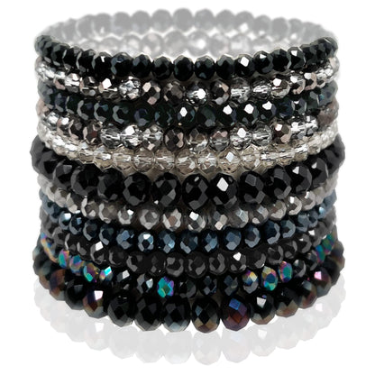 CATCHY & CRAFTY Bracelet Crystal Stretch Stackable Layering Colorful Statement Bracelets Women Glass Beaded Boho Friendship Handmade Bridal Gift (Black Diamond)