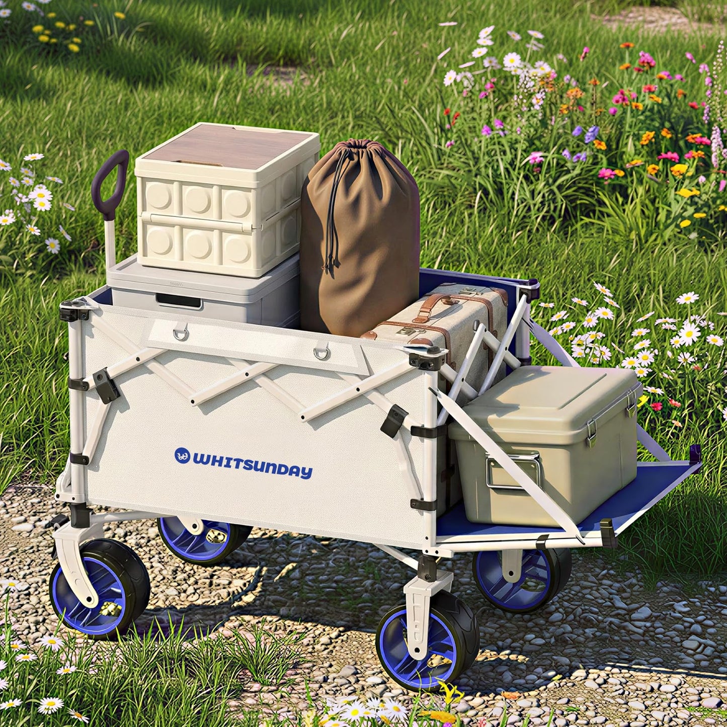 Whitsunday 400L Collapsible Wagon with Tailgate, Folding Heavy Duty Wagon with All-Terrain Big Wheels for Camping,Garden,Beach Max Size Blue