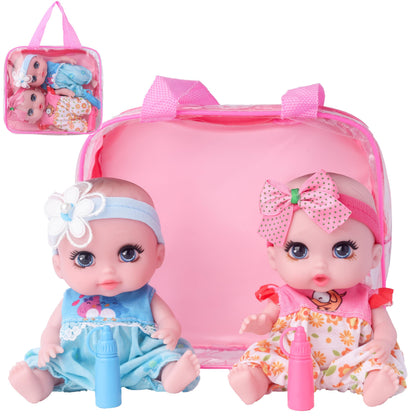 Beem Jun 6 Inch Small Baby Doll Handbag Bag Set with Little Bottle，All Vinyl Reborn Baby Dolls Nursing Set for Kids.Easter Baby Doll Kit (Pink & Blue)