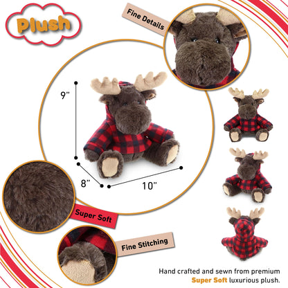 DolliBu Super Soft Moose Stuffed Animal with Plaid Red Hoodie Sweater - Cute Moose Plush Lumberjack Stuffed Toy with Plaid Jacket Animal Hoodie Dress Up for Christmas, Holiday, Winter - 10 Inches
