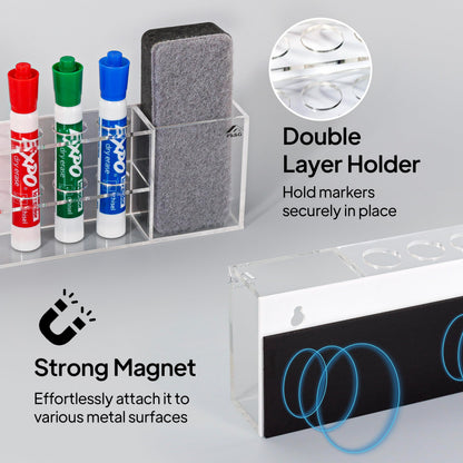 Slim Magnetic Dry Erase Marker Holder for Whiteboard, Space Saving Pen Organizer with Glass and Wall Mount Accessories for Fridge, Office, and School. Markers, Eraser, Cleaner Not Included (Clear)