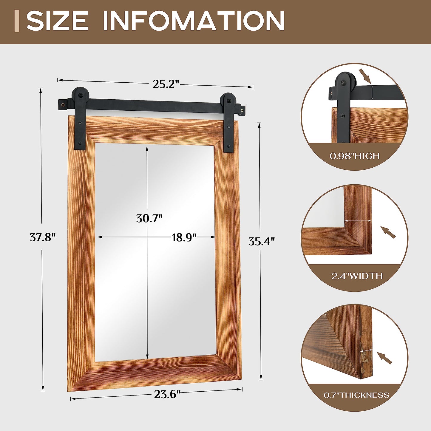 COGOOD Farmhouse Barn Door Wall Mirror - 25" X 38" Rustic Wood Framed Mirror for Bathroom, Living Room, Entryway Wall Decorative (Brown)