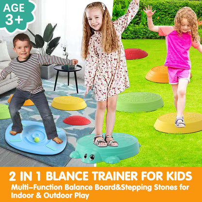 HAPATOYS Balance Board & Stepping Stones for Kids - 2-in-1 No-Slip Turtle Stepping Stones and Balance Board for Toddler Balance & Obstacle Course, for 3 4 5 6 Year Old Kid Indoor & Outdoor Play