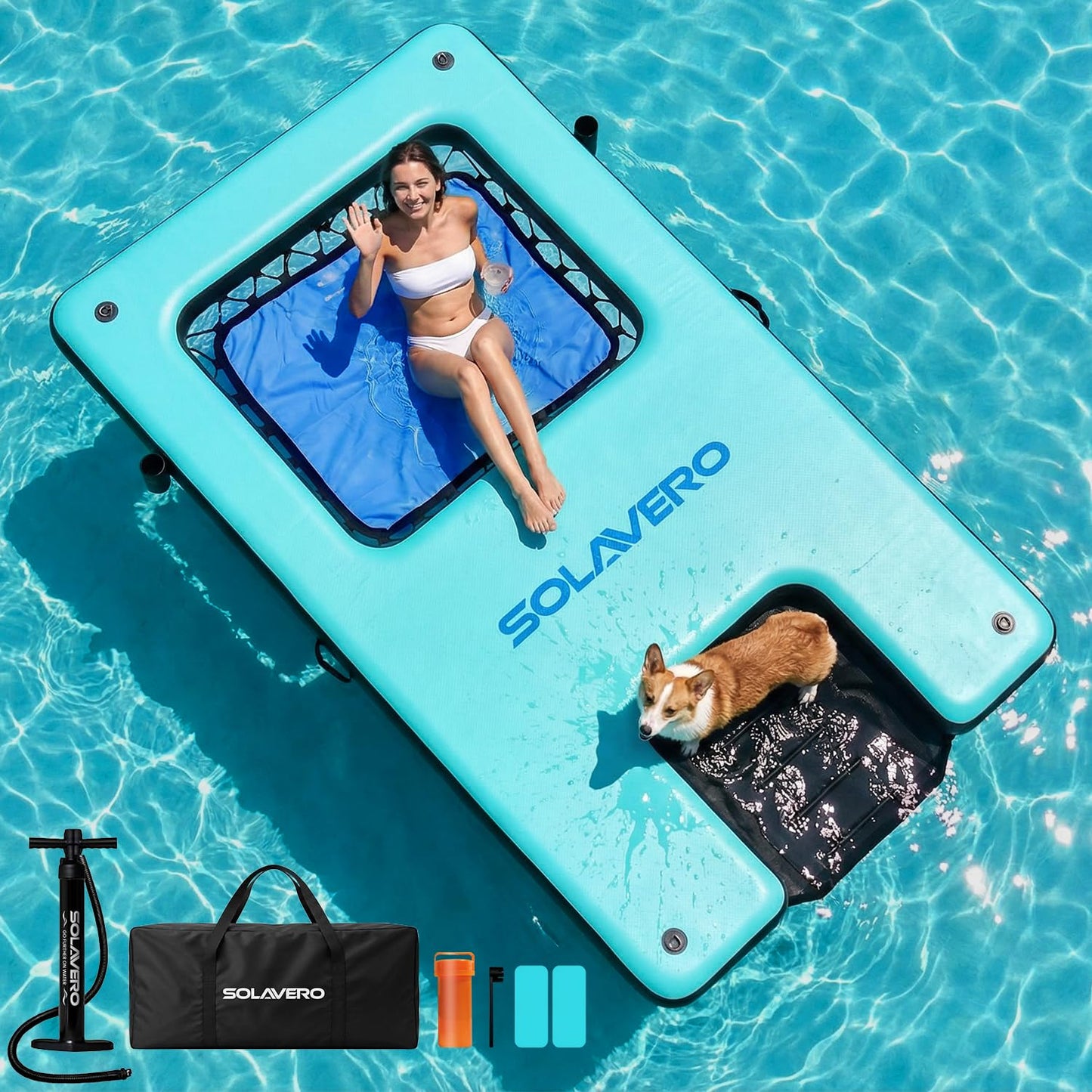 SOLAVERO 10x6ft Inflatable Floating Dock with Water Ramp, Heavy Duty Floating Platform for Adults & Dogs, Non-Slip Lake Float with Mesh Hammock, Cup Holders for Pool, Lake, Boat, Party