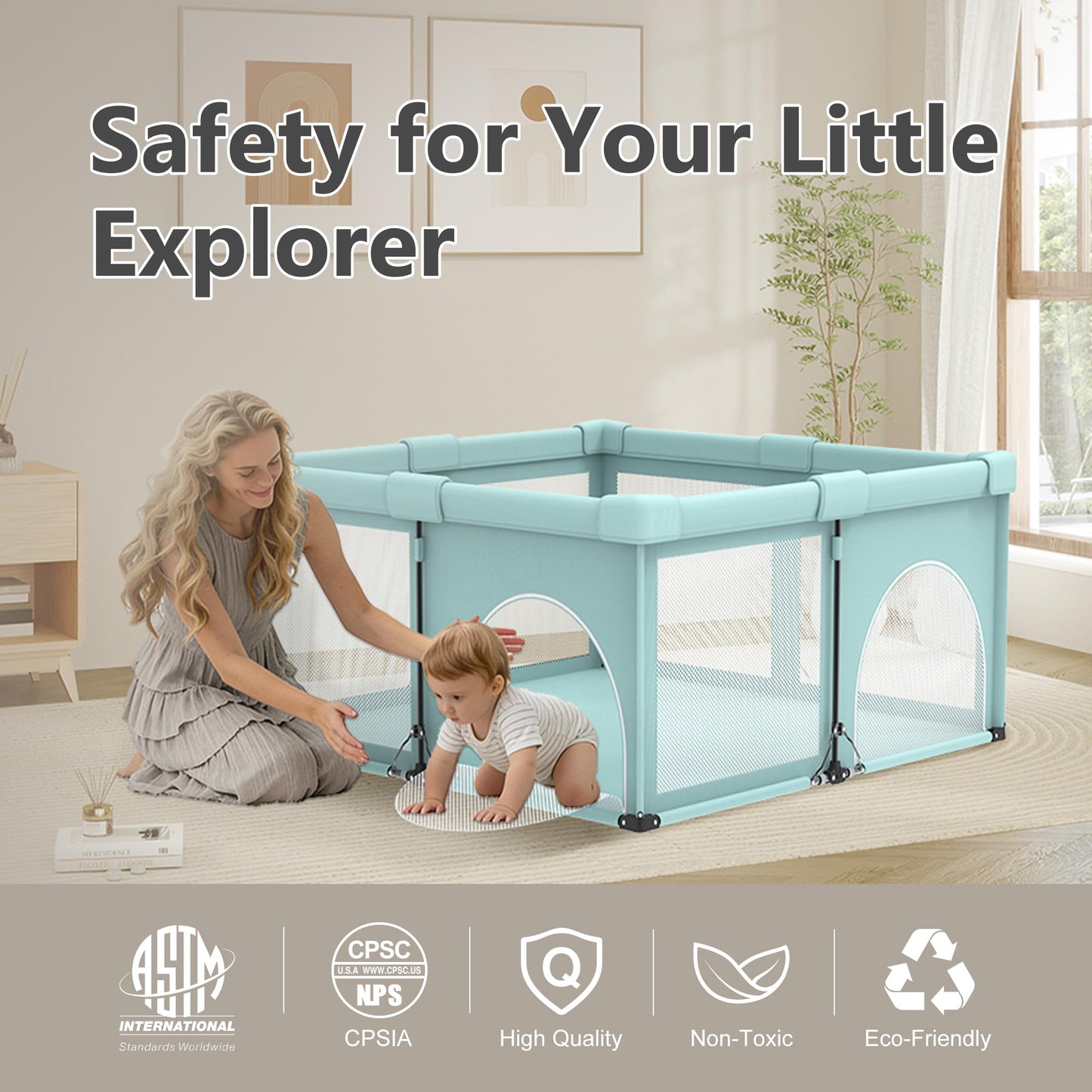 Foldable Baby Playpen, iTiLike Large Playard with Detachable Thickened Washable Water-Resistant Mat, Playpen for Babies and Toddlers, Play Pens with Gate, Indoor & Outdoor Portable Play Yard