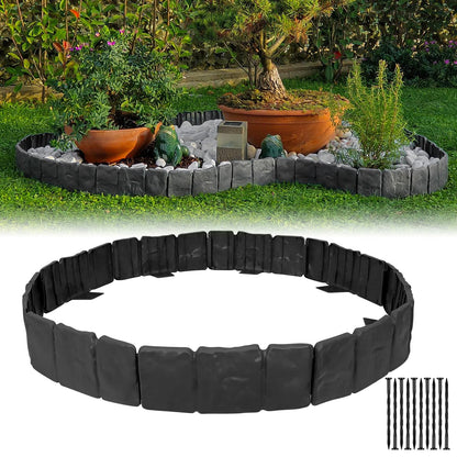 Garden Edging Border NO DIG, with Landscape Edging Anchoring Spikes, Black Stone Effect Plastic Lawn Edging Fencing, Interlocking Yard Lawn Edging for Flower Bed | 32 Ft | 40Pcs | Black |
