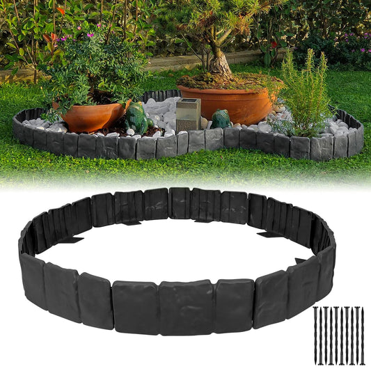 Garden Edging Border NO DIG, with Landscape Edging Anchoring Spikes, Black Stone Effect Plastic Lawn Edging Fencing, Interlocking Yard Lawn Edging for Flower Bed | 16 Ft | 20Pcs | Black |